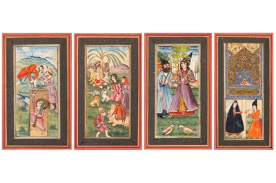 Lot 44 - * FOUR QAJAR ALBUM PAGE WATERCOLOURS FROM A PROVINCIAL WORKSHOP