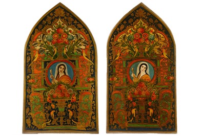 Lot 43 - * A PAIR OF LARGE OIL PAINTINGS WITH FEMALE PORTRAITS AND FLORAL TRIUMPH