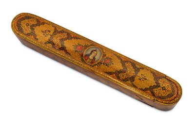 Lot 60 - * A QAJAR LACQUERED PAPIER-MÂCHÉ PEN CASE (QALAMDAN)