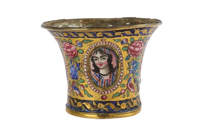 Lot 76 - * A QAJAR GILT AND POLYCHROME-ENAMELLED COPPER QALYAN CUP