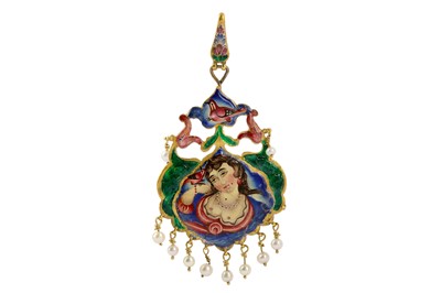 Lot 88 - * A QAJAR POLYCHROME-ENAMELLED GOLD PENDANT WITH MAIDEN'S PORTRAIT