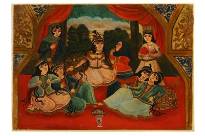 Lot 47 - * A QAJAR OIL PAINTING DEPICTING YUSUF BRINGING ORANGES TO ZULEYKHA AND HER MAIDENS