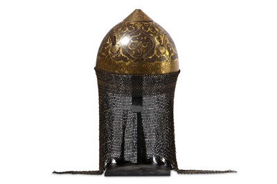 Lot 35 - * A QAJAR GOLD-DAMASCENED STEEL HELMET (KHULA KHUD)
