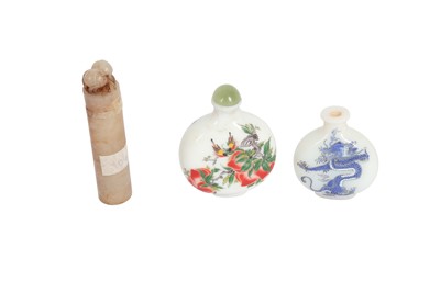 Lot 421 - TWO CHINESE PEKING GLASS SNUFF BOTTLES AND A JADE JOSS STICK HOLDER.