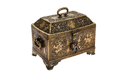 Lot 361 - AN ENGRAVED AND PIERCED BRASS CASKET