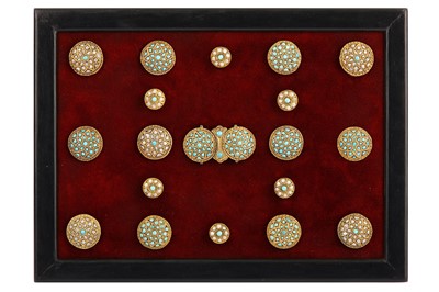 Lot 233 - A GROUP OF GOLD-SET PEARL AND TURQUOISE-ENCRUSTED DRESS ORNAMENTS