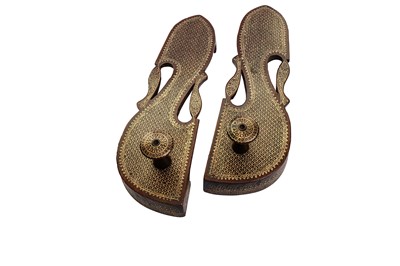 Lot 196 - A PAIR OF BRASS-INLAID TOE-KNOB WOODEN PADUKA SANDALS
