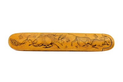 Lot 250 - A QAJAR LACQUERED PAPIER-MÂCHÉ PEN CASE (QALAMDAN) IN GRISAILLE