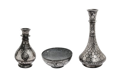 Lot 375 - THREE BIDRI SILVER-INLAID VESSELS