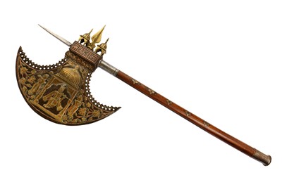 Lot 326 - A LARGE BRASS AND COPPER-OVERLAID CEREMONIAL AXE (TABAR)