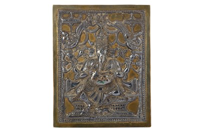 Lot 325 - AN INDIAN SILVER REPOUSSÉ VOTIVE PLAQUE WITH GANESHA