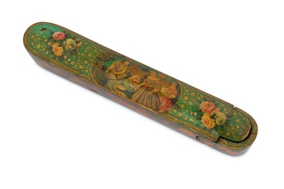 Lot 251 - A QAJAR LACQUERED PAPIER-MÂCHÉ GREEN PEN CASE (QALAMDAN)