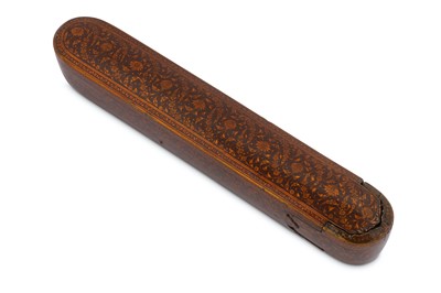 Lot 253 - A QAJAR LACQUERED PAPIER-MÂCHÉ PEN CASE (QALAMDAN)