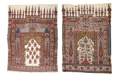 Lot 382 - A NEAR-PAIR OF QALAMKARI MIHRAB (PRAYER NICHE) HANGINGS