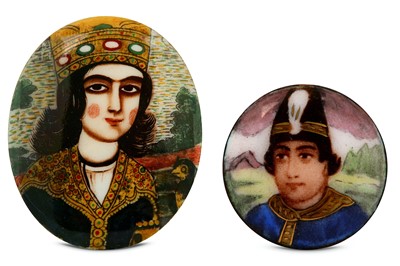 Lot 245 - TWO LOOSE POLYCHROME-ENAMELLED QAJAR RULERS' MINIATURE PORTRAITS