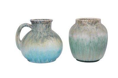 Lot 8 - RUSKIN POTTERY: A Ruskin celadon and blue pottery crystalline glazed vase