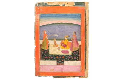 Lot 211 - AN ALBUM PAGE DEPICTING A RAJA AND A YOUNG PRINCE ON A TERRACE