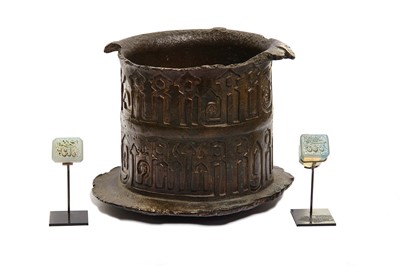 Lot 310 - A LARGE BRONZE MORTAR AND TWO OPALINE SEALS