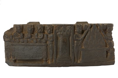Lot 176 - A GREY SCHIST FRIEZE WITH THE BUDDHA'S FUNERARY CEREMONY