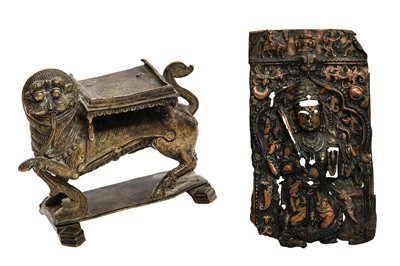 Lot 198 - A YALI BRASS SHRINE STAND AND A COPPER PLAQUE OF VIRABHADRA
