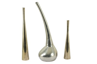 Lot 380 - Three contemporary decorative chrome stem vases