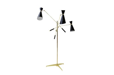 Lot 160 - IN THE MANNER OF ANGELO LELLI, ITALY, (1911-1979): an Italian Arredoluce 'Triennale' style three arm brass floor lamp