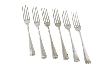 Lot 230 - A set of six George III provincial sterling silver table forks, York 1794 by John Hampston & John Prince (this mark used 1793-99)