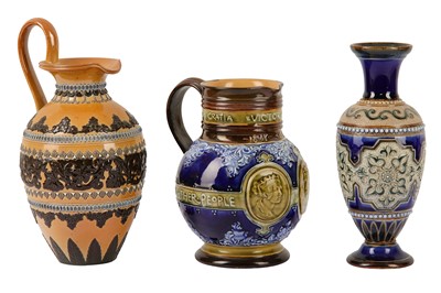 Lot 299 - A Doulton Lambeth stoneware jug celebrating Queen Victoria's diamond jubilee 1837-1897