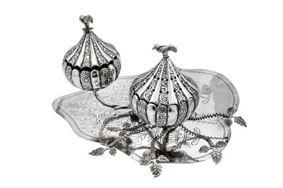 Lot 104 - An early 20th century Iraqi unmarked silver spice box (besamim), Baghdad circa 1920