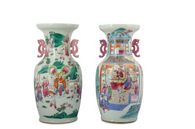 Lot 20 - A PAIR OF CHINESE FAMILLE ROSE FIGURATIVE VASES.
