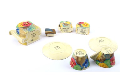 Lot 297 - A Art Deco Clarice Cliff Fantasque Stamford tea for two in the 'Pansies' pattern