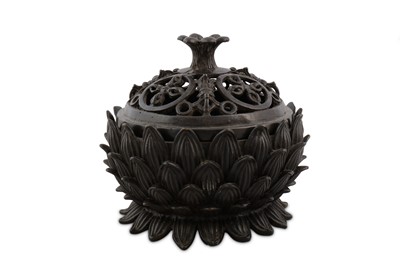 Lot 613 - A CHINESE BRONZE 'LOTUS' INCENSE BURNER AND COVER.