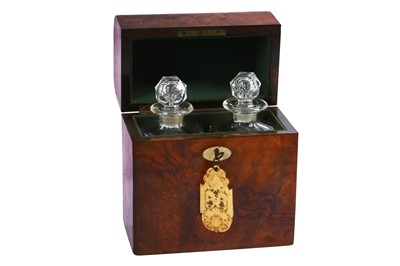Lot 359 - A Georgian burr walnut two bottle campaign / travelling tantalus