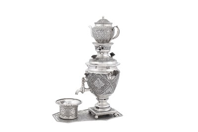 Lot 92 - A mid to late-20th century Iranian (Persian) 840 standard silver samovar set on stand, Isfahan 1969-79, retailers mark of Jouz Dane