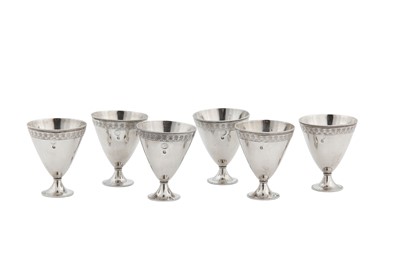 Lot 113 - A set of six late 19th / early 20th century Ottoman Turkish 900 standard silver zarfs, Tughra of Sultan Abdul Hamid II (1876-1909)