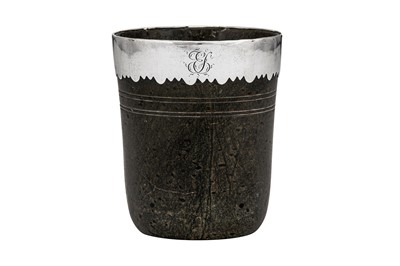 Lot 354 - An 18th century unmarked silver mounted serpentine beaker, the beaker probably German circa 1700-50, the mounts circa 1780