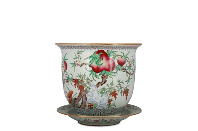 Lot 436 - A LARGE CHINESE FAMILLE ROSE 'PEACHES' JARDINIERE AND STAND.
