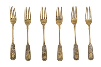 Lot 47 - A set of six Alexander III Russian provincial parcel gilt 84 zolotnik (875 standard) silver dessert forks, probably Odessa 1889 by Г. BAИHГAPTЪ (untraced)