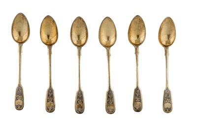Lot 46 - A set of six Alexander III Russian parcel gilt 84 zolotnik (875 standard) silver teaspoons, Moscow 1887 by Romav Aristarkhov (active 1880-1896)