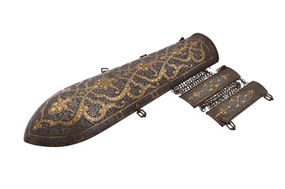 Lot 410 - A QAJAR GOLD-DAMASCENED STEEL BAZUBAND (ARMBAND)