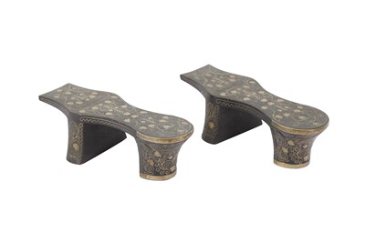 Lot 236 - A PAIR OF OTTOMAN SILVER WIRE-INLAID WOODEN FOOT RESTS