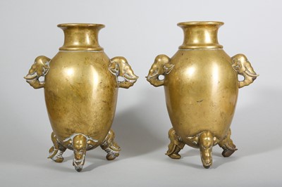 Lot 14 - A PAIR OF CHINESE BRONZE 'ELEPHANT' VASES.