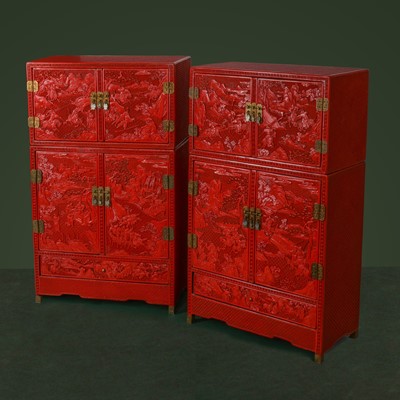 Lot 26 - A PAIR OF MINIATURE CHINESE CINNABAR LACQUER CABINETS.
