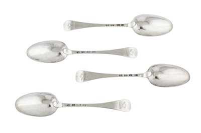Lot 255 - A set of four George II sterling silver tablespoons, London 1740 by James Wilks (this mark reg. 20th June 1739)