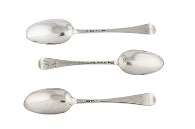 Lot 257 - Three George II sterling silver tablespoons, London 1749/51 by Marmaduke Daintrey (first reg. 12th Oct 1737)