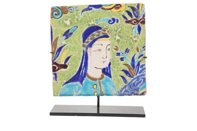 Lot 249 - A POLYCHROME SAFAVID-REVIVAL CUERDA SECA POTTERY TILE