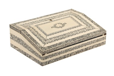 Lot 311 - λ A VIZAGAPATAM IVORY-INLAID SANDALWOOD PORTABLE WRITING DESK