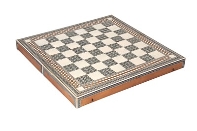 Lot 253 - λ A PORTABLE MICRO-MOSAIC KHATAMKARI CHESS AND BACKGAMMON BOARD