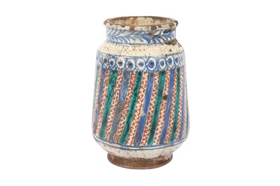 Lot 190 - AN OVERGLAZE-PAINTED ALBARELLO POTTERY JAR
