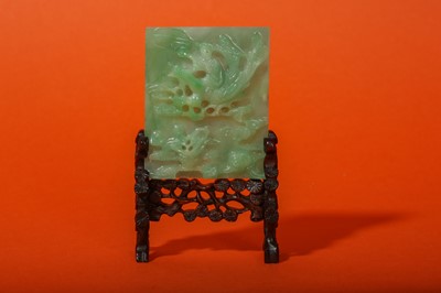 Lot 25 - A CHINESE APPLE-GREEN JADEITE MINIATURE TABLE SCREEN.